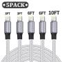 HOVAMP iPhone Charger, MFi Certified Lightning Cable 5 Pack (3/3/6/6/10FT) Nylon Woven with Metal Connector Compatible iPhone 11/Pro/Xs Max/X/8/7/Plus/6S/6/SE/5S iPad - Silver&White