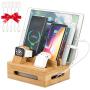 Bamboo Charging Station for Multiple Devices, Organizer Dock for iPhone iPad iWatch Airpods Samsung, Universal iOS and Android Cell Phones & Tablets, with 5 USB Cables, Device Stand, No Power Supply