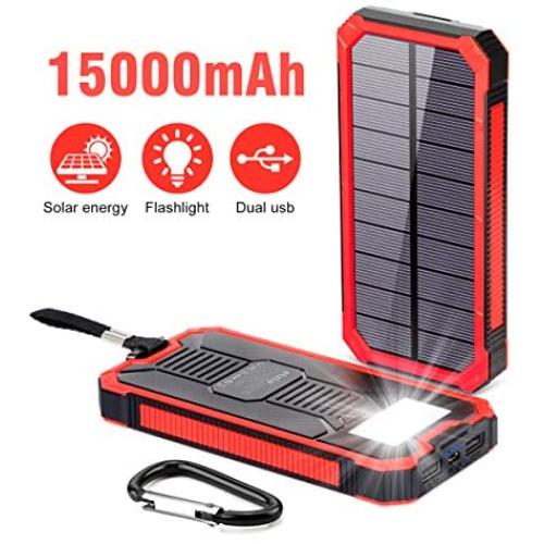 Portable Charger Power Bank 15000mAh, Elzle Solar Charger, Solar Power Bank Battery Pack, High-Speed Charging Solar Phone Charger for iPhone, Samsung and More. (Red)