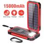 Portable Charger Power Bank 15000mAh, Elzle Solar Charger, Solar Power Bank Battery Pack, High-Speed Charging Solar Phone Charger for iPhone, Samsung and More. (Red)