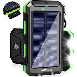 Solar Charger 20000mAh YOESOID Portable Solar Power Bank Outdoor Waterproof Camping External Backup Battery Pack with Dual USB Ports 2 LED Light Carabiner and Compass, Compatible Most Smart Phones