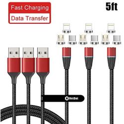 NetDot Gen12 3 in 1 Magnetic Fast Charging Data Transfer Cable Compatible with Micro USB & USB-C Smartphones and i-Product(5ft/3 Pack red)