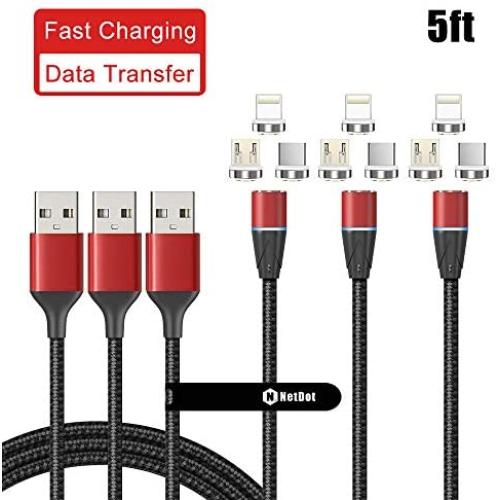 NetDot Gen12 3 in 1 Magnetic Fast Charging Data Transfer Cable Compatible with Micro USB & USB-C Smartphones and i-Product(5ft/3 Pack red)