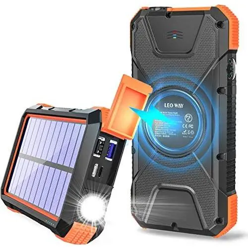 Solar Charger, 20000mAh Qi Wireless Charger, Portable Solar Power Bank, External Battery Pack for Camping, Outdoor, Fast Charger with 4 Outputs Dual Inputs, Flashlight, Compass by LEO WAY, Orange Solar Charger, 20000mAh Qi Wireless Charger, Portable Solar Power Bank, External Battery Pack for Camping, Outdoor, Fast Charger with 4 Outputs Dual Inputs, Flashlight, Compass by LEO WAY, Orange