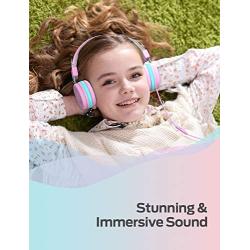 iClever Kids Headphones for Girls - Wired Headphones for Kids with MIC, Adjustable Headband, Foldable, Volume Control - Childrens Headphones on Ear for iPad Tablet Kindle Airplane School, Pink