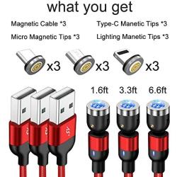 A.S Gen2 Magnetic Charging Cable, 540° Rotation Magnetic Phone USB Cable, 3A Fast Charging Data Transfer Charger Cable Compatible with USB C, Micro USB and iProduct (Red, 1.6ft+3.3ft+6.6ft)