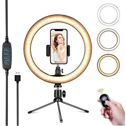 Powsure 10" LED Ring Light with Tripod Stand & Phone Holder for Selfie, Makeup，Live Streaming & YouTube Video, Dimmable Desk Ringlight Kit for Photography with 3 Light Modes&10 Brightness Level