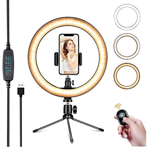 Powsure 10" LED Ring Light with Tripod Stand & Phone Holder for Selfie, Makeup，Live Streaming & YouTube Video, Dimmable Desk Ringlight Kit for Photography with 3 Light Modes&10 Brightness Level