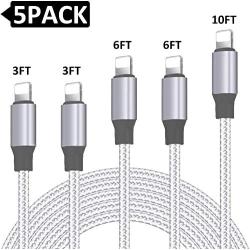 iPhone Charger, MFi Certified Lightning Cable 5 Pack [3/3/6/6/10FT] Extra Nylon Charging&Syncing Cord Compatible with iPhone 11/11 Pro/X/Xs Max/XS/XR/8/7/8Plus/6S/6S Plus/SE Silver&White