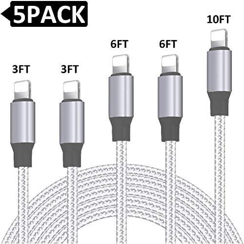 iPhone Charger, MFi Certified Lightning Cable 5 Pack [3/3/6/6/10FT] Extra Nylon Charging&Syncing Cord Compatible with iPhone 11/11 Pro/X/Xs Max/XS/XR/8/7/8Plus/6S/6S Plus/SE Silver&White