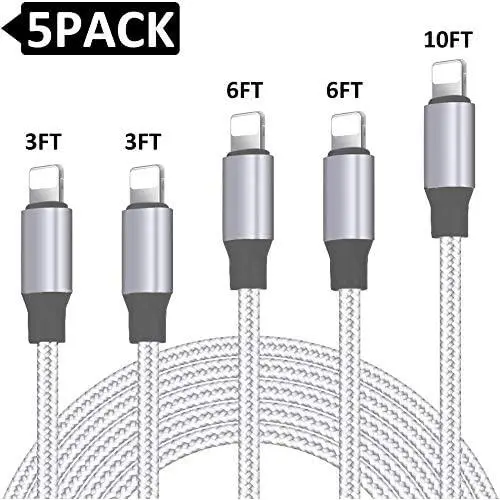 iPhone Charger, MFi Certified Lightning Cable 5 Pack [3/3/6/6/10FT] Extra Nylon Charging&Syncing Cord Compatible with iPhone 11/11 Pro/X/Xs Max/XS/XR/8/7/8Plus/6S/6S Plus/SE Silver&White