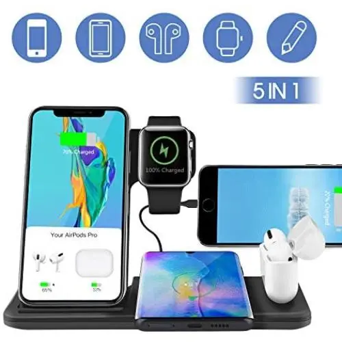 Abitku 5 in 1 Qi Fast Wireless Charger Stand, Wireless Charging Station for Apple Watch Series 5/4/3/2/1& AirPods1/2/Pro & Pencil & iPhone 11/11 Pro Max/XR/XS Max/Xs/X/SE/8P(Black)