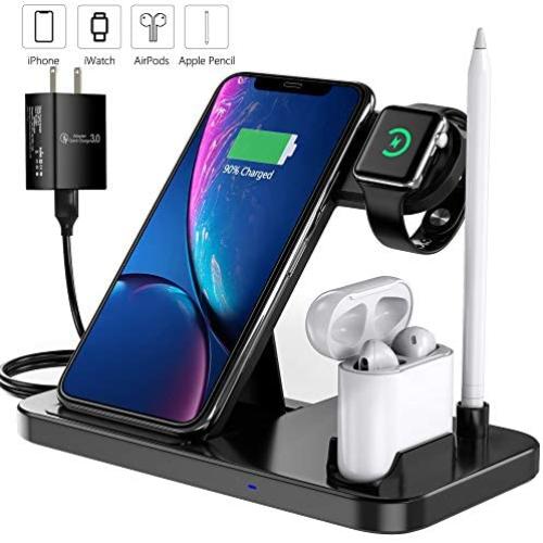 EVIGAL 4 in 1 Wireless Charger, Qi-Certified Fast Charging Station Compatible Apple Watch & AirPods & Apple Pencil, iPhone11/11Pro/11Pro Max/X/XS/XS Max/XR/8/8Plus, Samsung, Etc (with QC3.0 Adapter)