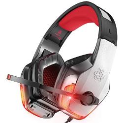 BENGOO V-4 Gaming Headset for Xbox One, PS4, PC, Controller, Noise Cancelling Over Ear Headphones Mic, LED Light Bass Surround Soft Memory Earmuffs for Computer Laptop Mac Nintendo Switch -Red