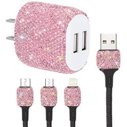 SAVORI Dual USB Wall Charger, Bling Rhinestones Wall Charger Plug Power Adapter with USB 3-in-1 Multi Charging Cable Compatible with iPhone iPad Android Type C Phones (Pink)