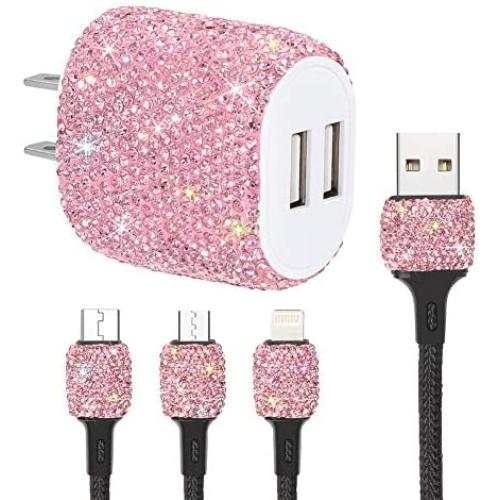 SAVORI Dual USB Wall Charger, Bling Rhinestones Wall Charger Plug Power Adapter with USB 3-in-1 Multi Charging Cable Compatible with iPhone iPad Android Type C Phones (Pink)