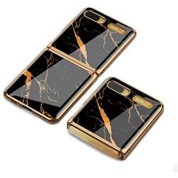 Phone Case Ultra-Thin Back Cover Tempered Glass Shell Electroplated PC Protector Fit for Samsung Galaxy Z Flip Phone Accessories (Gold Thread Black)