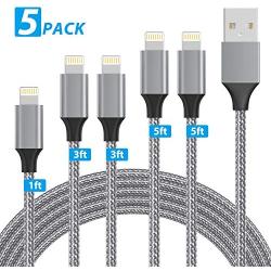 EASHION iPhone Charger, Lightning Cable 5Pack 1ft+3ft+3ft+5ft+5ft Nylon Braided iPhone Charger Cable for Charging and Syncing Compatible with iPhone 11/11 Pro/X/XS/XR/XS Max/8/8 Plus/7 Plus, Dark Grey