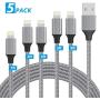 EASHION iPhone Charger, Lightning Cable 5Pack 1ft+3ft+3ft+5ft+5ft Nylon Braided iPhone Charger Cable for Charging and Syncing Compatible with iPhone 11/11 Pro/X/XS/XR/XS Max/8/8 Plus/7 Plus, Dark Grey