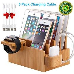 Bamboo Charging Station Organizer for Multiple Devices, Desktop Docking Stations Holder for Cell Phone, Tablet, iWatch, Airpod Charge Stand (Included Watch & Airpod Stand, 5 Cable) (➤No USB Charger)