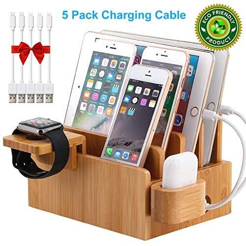 Bamboo Charging Station Organizer for Multiple Devices, Desktop Docking Stations Holder for Cell Phone, Tablet, iWatch, Airpod Charge Stand (Included Watch & Airpod Stand, 5 Cable) (➤No USB Charger)