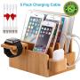 Bamboo Charging Station Organizer for Multiple Devices, Desktop Docking Stations Holder for Cell Phone, Tablet, iWatch, Airpod Charge Stand (Included Watch & Airpod Stand, 5 Cable) (➤No USB Charger)