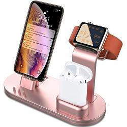 OLEBR 3 in 1 Charging Stand Compatible with iWatch Series 5/4/3/2/1, AirPods and iPhone 11/Xs/X Max/XR/X/8/8Plus/7/7 Plus /6S /6S Plus(Original Charger & Cables Required) Rose Gold