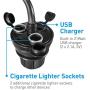 Macally Car Cup Holder Phone Mount with 2 USB Charging Ports & 2 Cigarette Lighter Sockets - Adjustable Cup Phone Holder for Car with 8” Long Neck and 360° Rotatable Base - Fits Phones Up to 4.1” Wide
