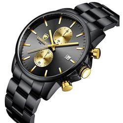 GOLDEN HOUR Mens Watches with Black/Silver Stainless Steel and Metal Casual Waterproof Chronograph Quartz Watch, Auto Date in Colorful Hands