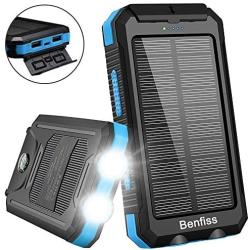 Solar Charger, Benfiss 20000mAh Lit Solar Power Bank with 2 Led Light and Dual USB 5V 1A/2A Output, Waterproof Portable External Backup Battery for Camping，Outdoors,Emergency