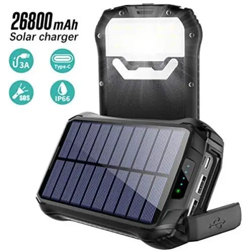 Xiyihoo Solar Charger 26800mAh, Solar Power Bank Portable Solar Panel Charger with 18 LEDs Flashlight 3 Output Ports Waterproof External Backup Battery for Outdoor Camping Hiking iOS Android (Black)