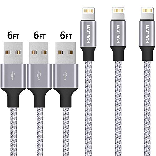 iPhone Charger,Maitron Lightning Cable 3PACK 6FT Nylon Braided USB Charging Cable High Speed Connector Data Sync Transfer Cord Compatible with iPhone Xs Max/X/8/7/Plus/6S/6/SE/5S iPad (Silver White)