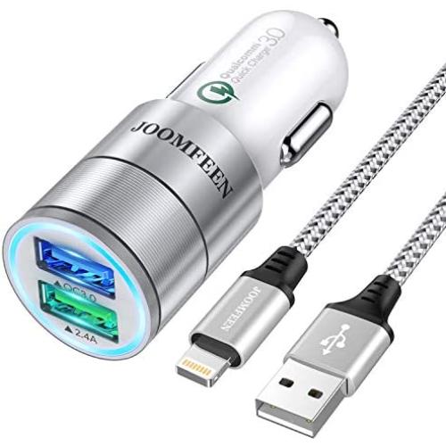JOOMFEEN Car Charger Compatible with iPhone 11 Pro Max/11/XS Max/XS/XR/X/8/7 Plus/7/6S/6/5S/5C/SE/5,iPad Pro/Air/Mini, with 3ft Charging Cable, Quick Charger 3.0&2.4A Dual Fast USB Car Charger Adapter