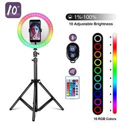 Powsure RGB LED Selfie Ring Light,16 Colors with Tripod Stand &Mirror Dimmable&Phone Holder&Remote Control for TikTok/YouTube/Video/Live Stream/Makeup/Photography Compatible with iPhone Android