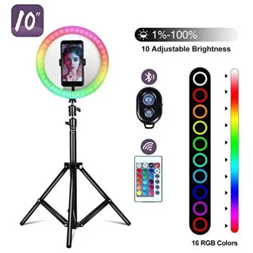 Powsure RGB LED Selfie Ring Light,16 Colors with Tripod Stand &Mirror Dimmable&Phone Holder&Remote Control for TikTok/YouTube/Video/Live Stream/Makeup/Photography Compatible with iPhone Android Powsure RGB LED Selfie Ring Light,16 Colors with Tripod Stand &Mirror Dimmable&Phone Holder&Remote Control for TikTok/YouTube/Video/Live Stream/Makeup/Photography Compatible with iPhone Android