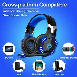 VersionTECH. G2000 Pro Gaming Headset PS4 Xbox One Wired Headphones with 3D Surround Sound, HD Microphone, Volume Control, LED Lights, Compatible with Playstation 4, Xbox 1, NS, PC Mac Computer (Blue)