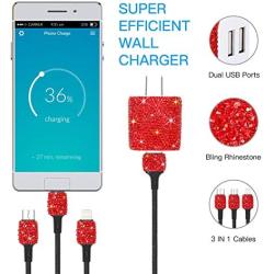 SAVORI Dual USB Wall Charger, Bling Rhinestones Wall Charger Plug Power Adapter with USB 3-in-1 Multi Charging Cable Compatible with iPhone iPad Android Type C Phones (Red)