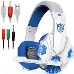 Gaming Headset with Mic and LED Light for Laptop Computer, Cellphone, PS4 and so on, DLAND 3.5mm Wired Noise Isolation Gaming Headphones - Volume Control.(White and Blue)