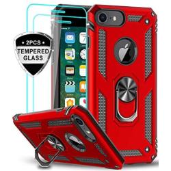 LeYi iPhone 8 Case, iPhone 7 Case, iPhone 6s/ 6 Case with Tempered Glass Screen Protector [2Pack], Military Grade Protective Phone Case with Ring Car Mount Kickstand for Apple iPhone 6/6s/7/8, Red