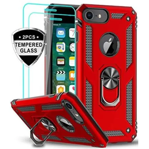 LeYi iPhone 8 Case, iPhone 7 Case, iPhone 6s/ 6 Case with Tempered Glass Screen Protector [2Pack], Military Grade Protective Phone Case with Ring Car Mount Kickstand for Apple iPhone 6/6s/7/8, Red