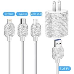 Bling USB Wall Charger with Charging Cable,Fast Block for iPhone Android,3-in-1 Multi Charger Cable Micro USB Type C Multiple USB Cord with Crystal Decoration,Cell Phone Accessories for Women,Girls