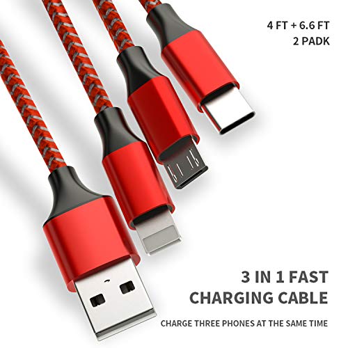 3in1 Cable, (4ft +6.6ft 2pack red)3AUSB Charging Cable, Universal Cable, Multifunctional Cable, Compatible with All Mobile Phones in The Market