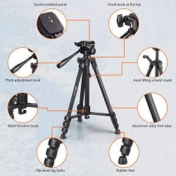 Tripod, 60-Inch Aluminum Camera/Phone/Travel Tripod, Max Load of 11 Lbs, 360 Degree Swivel with Wireless Bluetooth Remote, Universal Smartphone Mount, 1/4 Inch Screw Mount, Portable Bag - MLT02