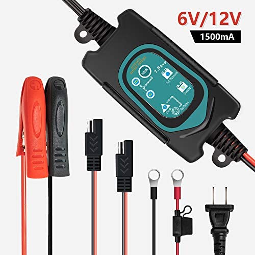 Fully Automatic 6V/12V Battery Charger & Maintainer, 1.5A Portable Trickle Charger with Charging Volt Memory Function for Car Motorcycle Lawn Mower SLA AGM Gel Cell Wet Lead Acid Batteries