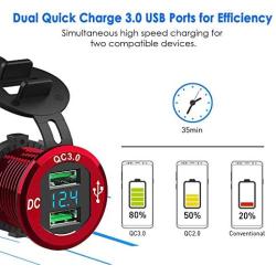 12V USB Outlet, ADSDIA 12V/24V 36W Aluminum QC3.0 USB Car Charger Waterproof Dual Fast Charger Socket Power Adapter Outlet with LED Display for Car Boat Marine Motorcycle Scooter RV Golf Cart DIY Kit