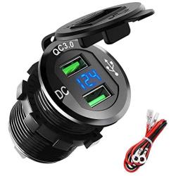 Quick Charge 3.0 USB Charger Socket, ADSDIA 12V/24V 36W Aluminum Waterproof Dual QC3.0 Car Charger Power Adapter Outlet with LED Display for Car Boat Marine Motorcycle Scooter RV Golf Cart DIY Kit