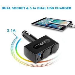 Rocketek 2-Socket Car Splitter Cigarette Lighter Adapter Multi Power Outlet 12/24V 90W with 3.1A 2 USB Car Charger Adapter, Cigarette Lighter Splitter Adapter for iPhone ipad Cell Phone Tablet GPS