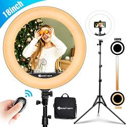 Yesker Ring Light 18 inch with Tripod Stand Ringlight Kit Dimmable 6000K/3200K Circle Lighting Phone Holder Bluetooth Remote Carry Bag for Zoom TikTok Makeup Video Photography Blogging Portrait