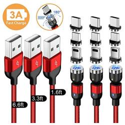 A.S Gen2 Magnetic Charging Cable, 540° Rotation Magnetic Phone USB Cable, 3A Fast Charging Data Transfer Charger Cable Compatible with USB C, Micro USB and iProduct (Red, 1.6ft+3.3ft+6.6ft)