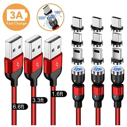 A.S Gen2 Magnetic Charging Cable, 540° Rotation Magnetic Phone USB Cable, 3A Fast Charging Data Transfer Charger Cable Compatible with USB C, Micro USB and iProduct (Red, 1.6ft+3.3ft+6.6ft)